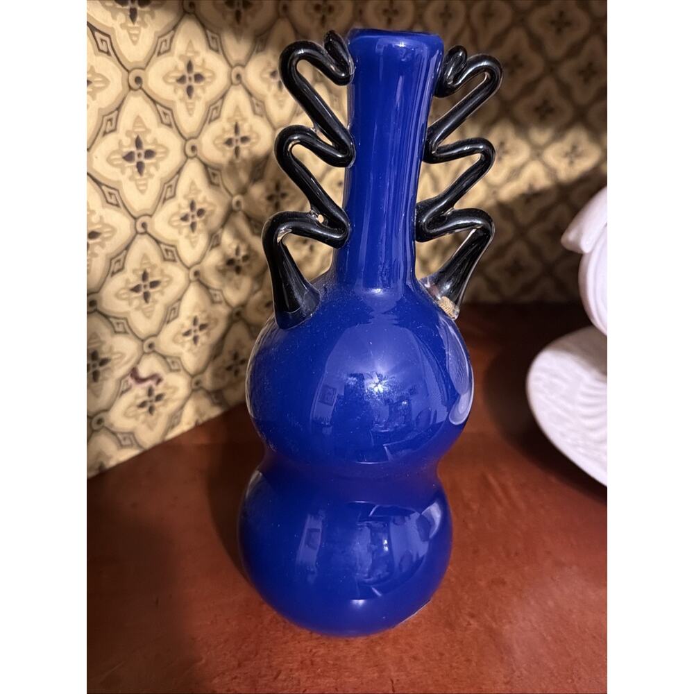 Fantastic Garcia art glass‎ bud vase, signed Garcia Dark Blue & Black 8 1/2 Inch